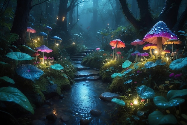 Fantastyczny świat grzybów, świecące grzyby w deszczowym lesie nocnym.