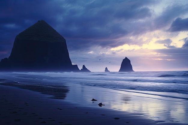 Fantastyczny zachód słońca na plaży Reynisfjara Islandia Europa Cannon Beach Zmierzch Samotność Wieczorny zmierzch na skale Haystack w Cannon Beach w Oregonie, gdy fale zmywają się na plażę Wygenerowane przez sztuczną inteligencję