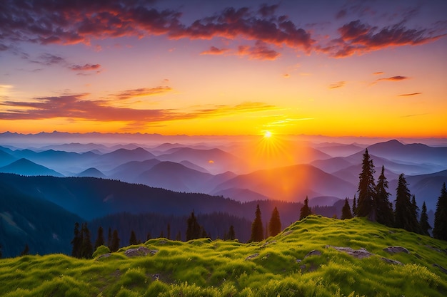 Fantastyczny zachód słońca w górach Ukrainy