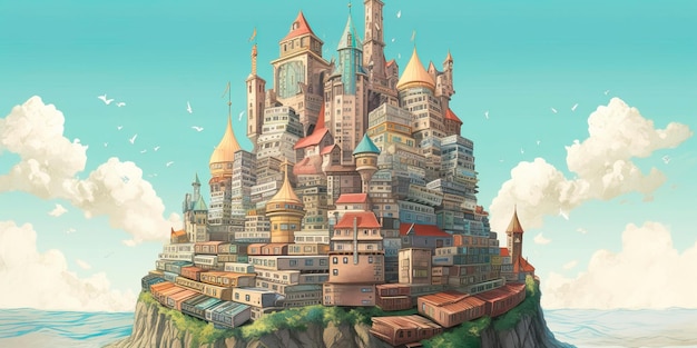 Fantastyczny zamek wykonany w całości z książek z wieżami i wieżyczkami ułożonymi wysoko z tomami o różnych kształtach i rozmiarach Generacyjna sztuczna inteligencja