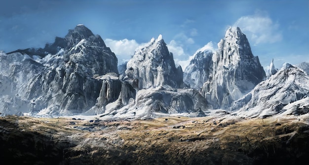 Fantastyczny zimowy epicki krajobraz gór Zamarznięta natura Mystic Valley Gaming RPG Background