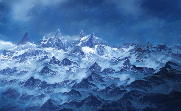 Fantastyczny zimowy epicki krajobraz gór Zamarznięta natura Mystic Valley Gaming RPG Background