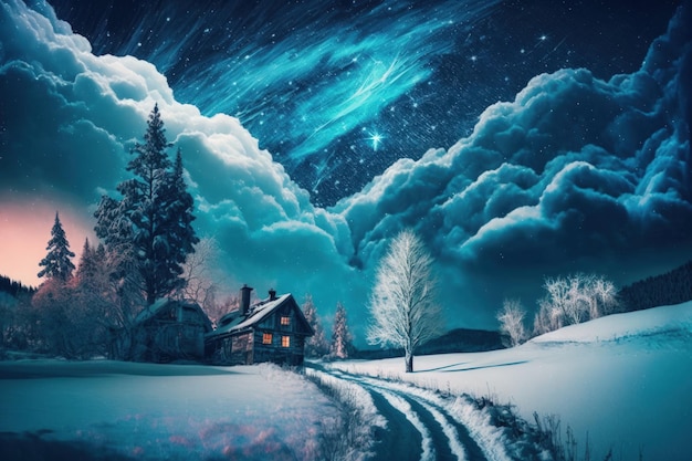 Fantastyczny zimowy krajobraz nocą dramatyczne chmury na niebie pomysłowy kolaż branży kosmetycznej