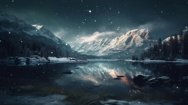 Fantastyczny zimowy krajobraz z pokrytymi śniegiem górami i jeziorem w nocy generatywnej ai
