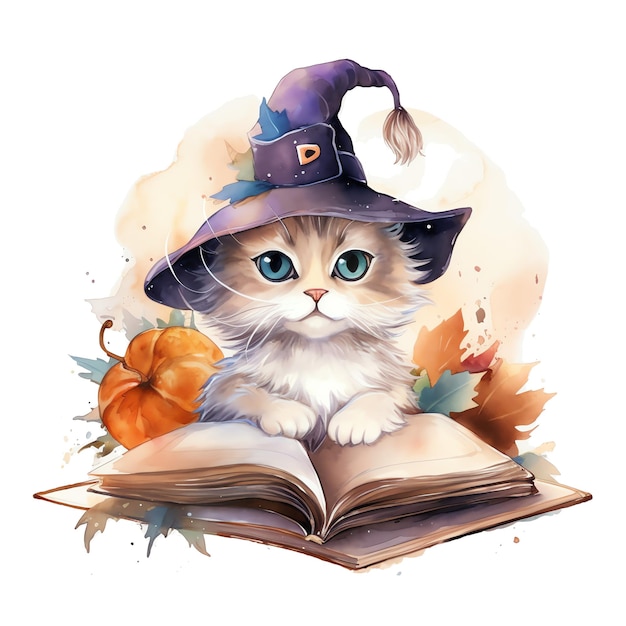 Fantasy akwarela czarownica kot ilustracja halloween
