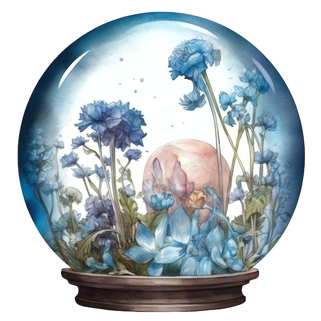 Fantasy akwarela kwiatowy niebieski kryształowej kuli ilustracja
