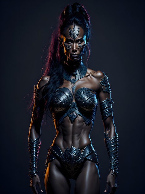 fantasy amazon kobieta Ranger poszukiwacz z plemiennym obrazem twarzy noszący żelazną zbroję generatywna sztuczna inteligencja