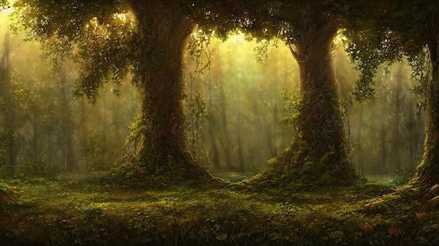 Fantasy bajka magiczny las słoneczny wieczór światło przez gałęzie drzew Magiczne drzewa w zalesionym obszarze Mgła o zachodzie słońca rośliny mech i trawa w lesie ilustracja 3d