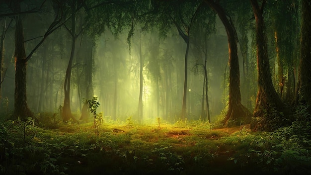 Zdjęcie fantasy bajka magiczny las słoneczny wieczór światło przez gałęzie drzew magiczne drzewa w zalesionym obszarze mgła o zachodzie słońca rośliny mech i trawa w lesie ilustracja 3d