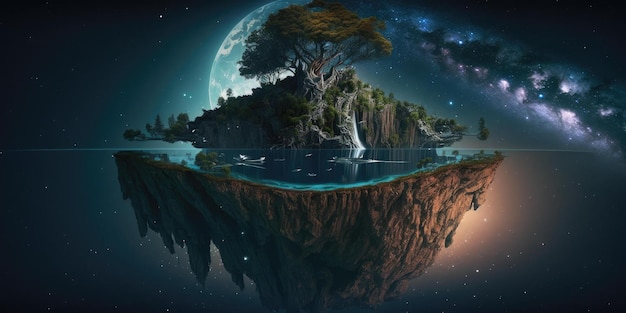 Fantasy bajkowa kula wyspa unosząca się we wszechświecie nocnego nieba