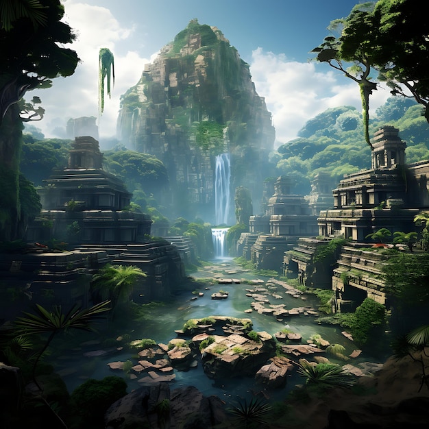 Fantasy bajkowe leśne królestwo z naturalną spokojną sceną w fantastycznym realistycznym stylu