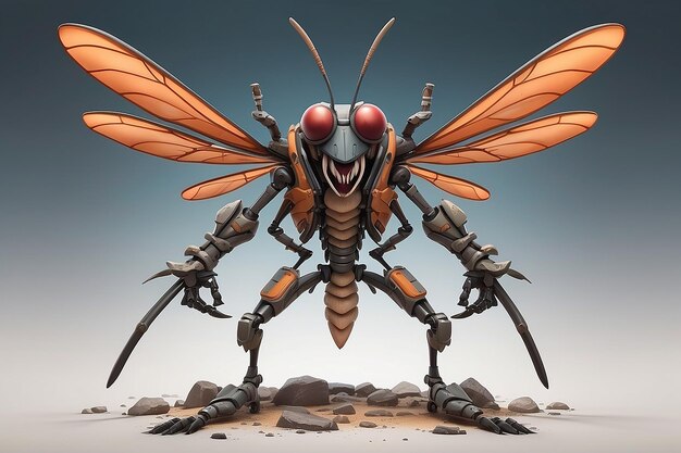 Fantasy Big Mosquito postać z kreskówek z sześciopak ciała w gotowości do wojny z zaawansowaną bronią stoją z dwoma nogami