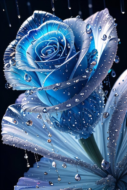 Fantasy Blue Magick Crystal Rose z rozpryskami wody i diamentowym tłem