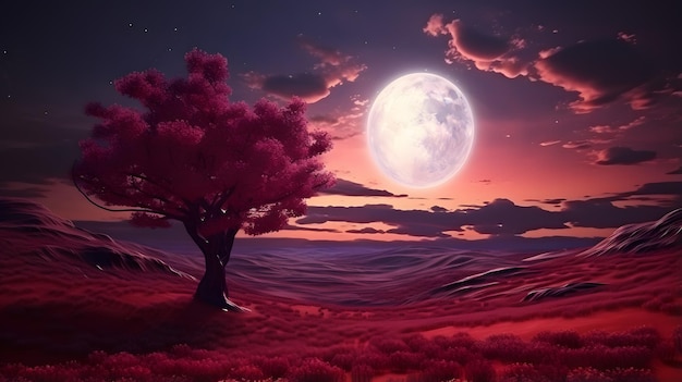 Fantasy Cherry Moon nad polem o zachodzie słońca 3D renderowane