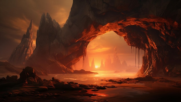 Fantasy concept arch ancient portable rock inferno picture AI generated art