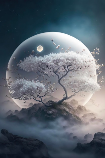Fantasy eteryczne drzewo wiśni pod nocnym niebem z dużym księżycem i górami na tlexA