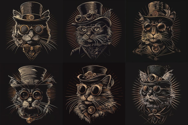 Fantasy feline stylowy steampunk kot sportowy kapelusz i okulary