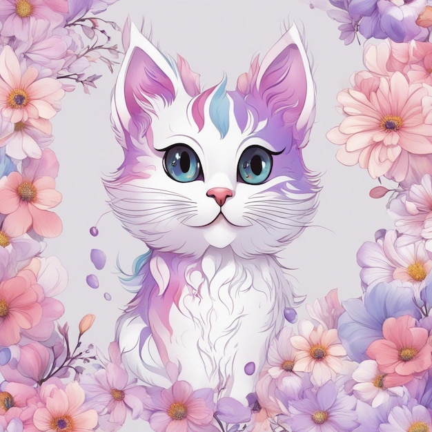 Fantasy Flowers Splash z nowoczesną grafiką z postacią z kreskówki z kotem