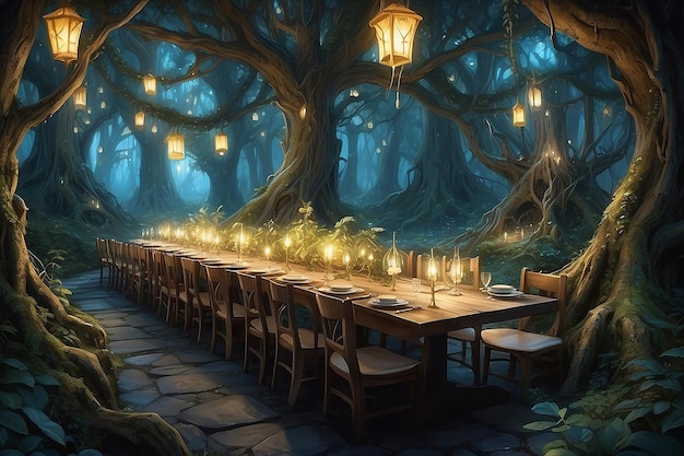 Fantasy Forest Dining Elves Enchanted Trees and Ethereal Glowing Food (Fantastyczne elfy leśne, zaklęte drzewa i eterycznie świecące jedzenie)