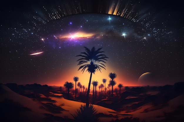 Fantasy futurystyczny nocny krajobraz z palmami Sieć neuronowa AI generowana sztuka