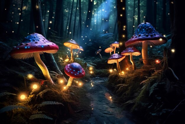 Zdjęcie fantasy glowing mushrooms in mystery dark forest generative ai ilustracja magicznego lasu fantasy z świecącymi światłami.