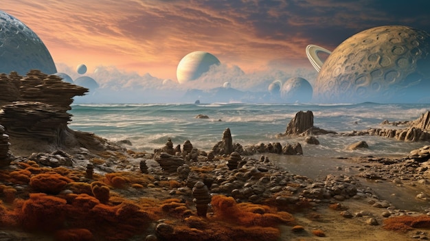 Fantasy górski krajobraz na kosmicznej obcej planecie z gwiezdnym niebem Malownicza generatywna sztuczna inteligencja