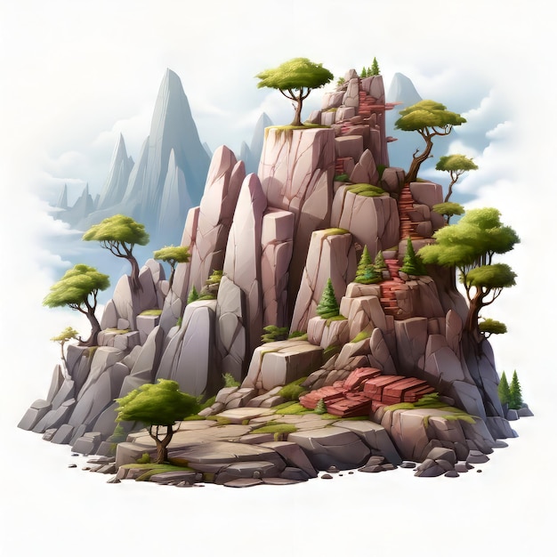 Fantasy górski krajobraz z zielonymi drzewami, skałami i krzewami Cyfrowa ilustracja