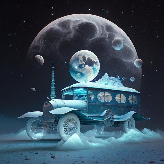 Fantasy ilustracja samochodu na tle księżyca