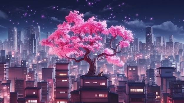 Fantasy japoński nocny widok miasto pejzaż miejski neon różowe światło budynki mieszkalne duże drzewo sakura