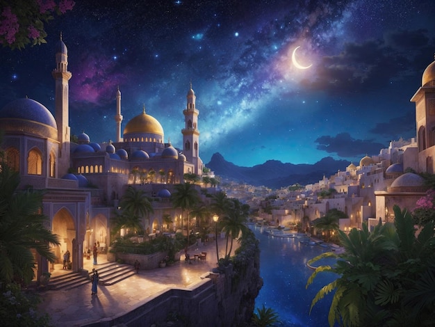 Zdjęcie fantasy jungle medina w nocy