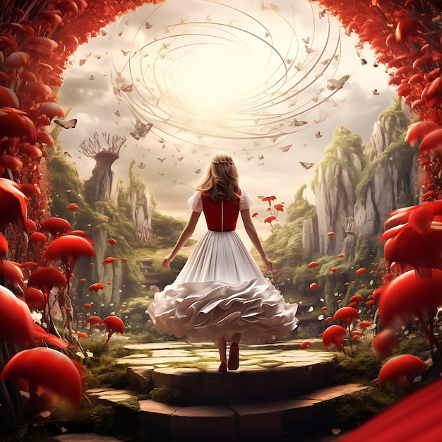 Fantasy kobieta księżniczka stoi w środku lasu z piękną sukienką