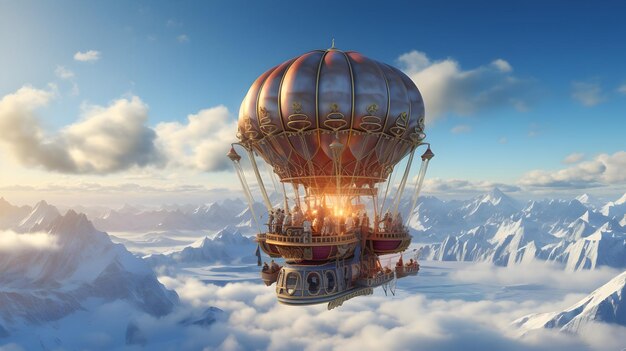 Zdjęcie fantasy koncepcja parowego balonu statku powietrznego pływającego przez morze generowane z ai