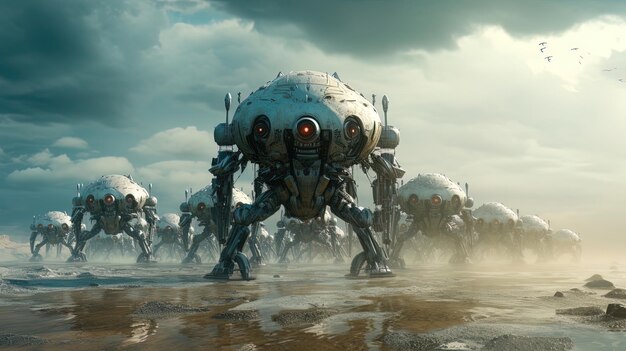 Fantasy krajobraz roboty lądują na nieznanej planecie Generatywna sztuczna inteligencja