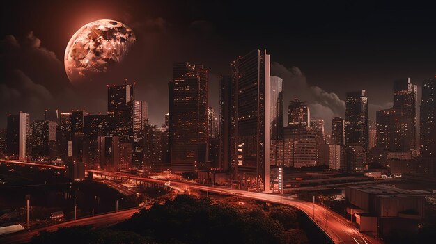 Fantasy Krajobraz Śródmieścia Miami Z Drogą Mleczną I Czerwonym KsiężycemGenerative AI