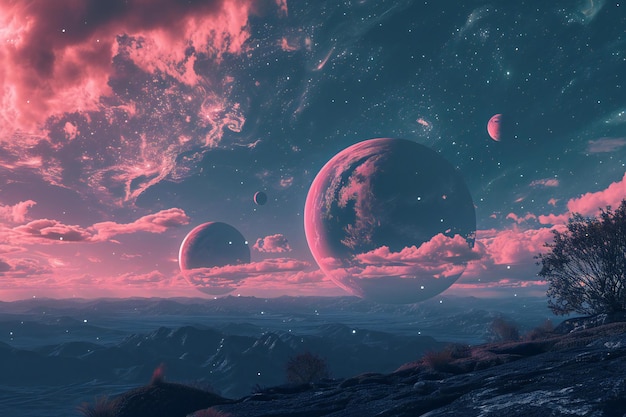 Zdjęcie fantasy krajobraz z czerwoną planetą na niebie