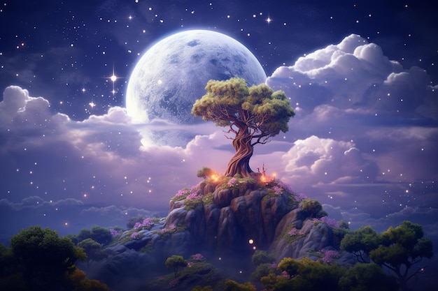 Fantasy krajobraz z drzewem i księżycem w pełni Ai Generated