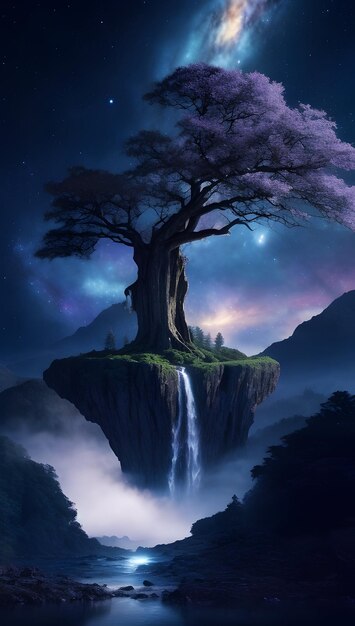 Zdjęcie fantasy krajobraz z dużym drzewem baobab i droga mleczna