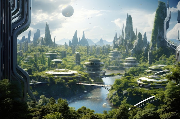 Fantasy krajobraz z fantasy planety i drzew 3D rendering futurystyczna metropolia położona w bujnej dżungli prezentująca harmonię między naturą i technologią AI generowane