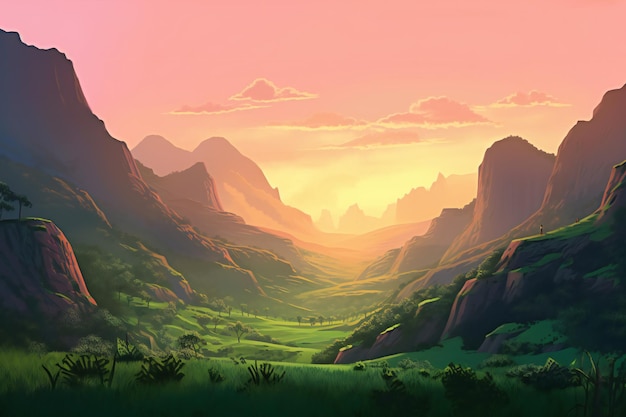 Fantasy krajobraz z górami i łąkami