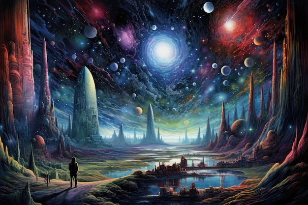 Fantasy krajobraz z górami, jeziorem i planetą 3d ilustracja Stellar Odyssey psychodeliczna podróż przez kosmos AI Generated