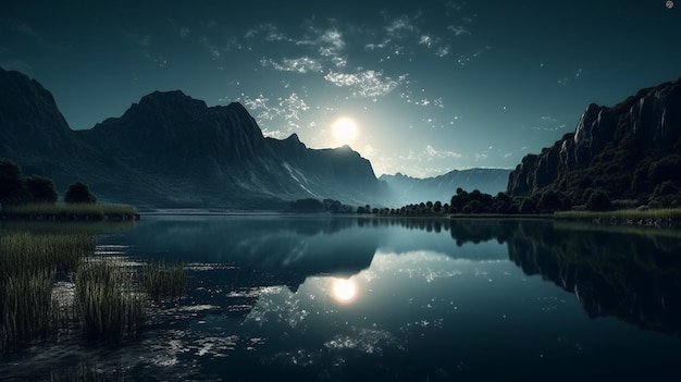 Fantasy krajobraz z jeziorem i górami w nocy generatywny ai i