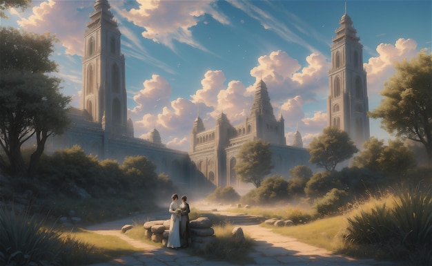 Fantasy krajobraz z kamiennym budynkiem w ruinach podczas zachodu słońca z chmurnym niebem ilustracja 3d