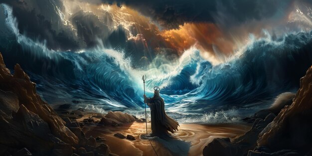 Fantasy krajobraz z kobietą w oceanie 3D rendering