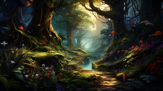 Fantasy krajobraz z ścieżką w fantasy las 3D rendering