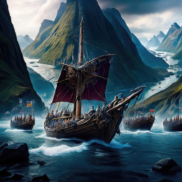 Fantasy krajobraz z statkiem w oceanie ilustracja 3d