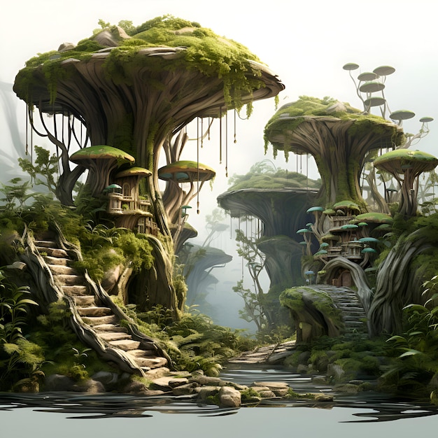 Fantasy krajobraz z zielonymi drzewami i grzybami ilustracja 3d.