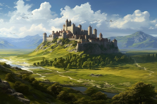 Fantasy krajobraz ze średniowiecznym zamkiem na wzgórzu 3d ilustracja średniowieczna twierdza zamek z wzgórzami i górami pośród zielonych pól AI Generated