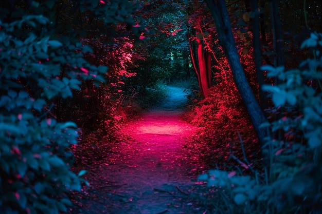 Fantasy las krajobraz neonowe kolory magiczne światła w lesie