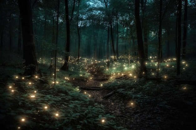 Fantasy magiczny las ze świecącymi światłami Generacyjna sztuczna inteligencja