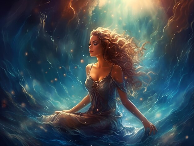 fantasy marzycielska kobieta z otwartymi włosami na niebieskim tle